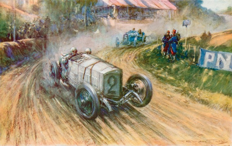 Lautenschlager med tyska Mercedes och Boillot med franska Peugeot i deras stora kamp under 1914 års Grand Prix (färg litho) av Frederick Gordon (after) Crosby