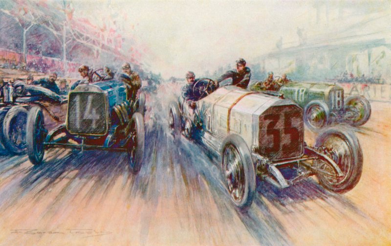 Lautenschlager vit Mercedes i 1908 års Grand Prix, en tävling där däck förbrukades i stora mängder (färg litho) av Frederick Gordon (after) Crosby