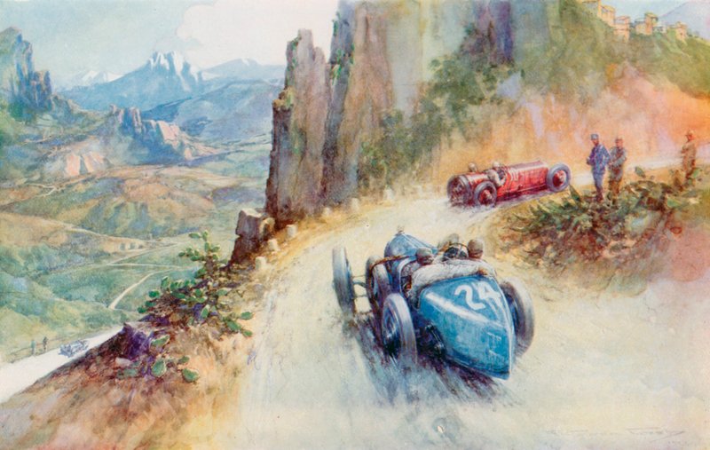 Materassis 2-liters kompressormatade Bugatti kör om en Maserati på den slingrande banan av 1927 Targa Florio (färg litho) av Frederick Gordon (after) Crosby