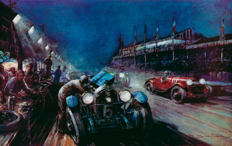 En av de framgångsrika Lorraine-Dietrich-bilarna som fylls på i gropen under nattkörningen i Le Mans 24-timmarslopp (färg litho) av Frederick Gordon (after) Crosby