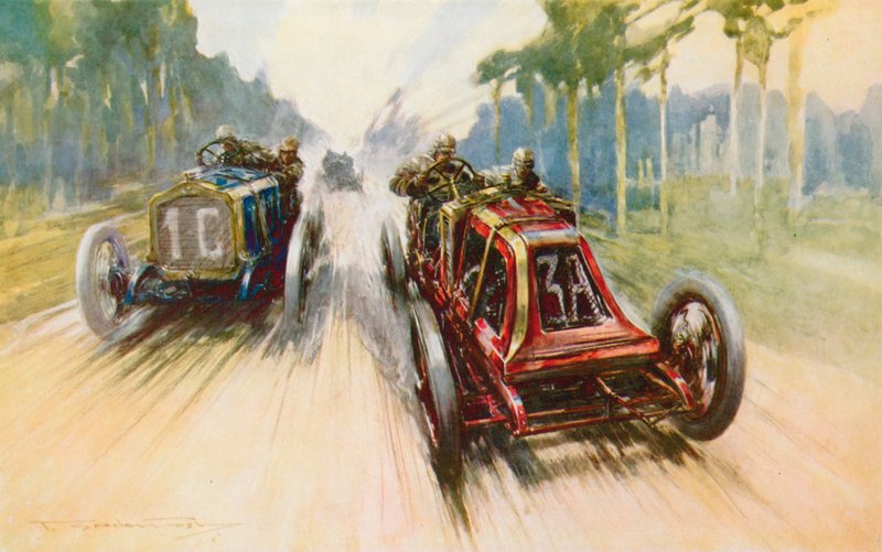 Szisz röda Renault, starkt hjälpt av det faktum att den hade löstagbara fälgar för första gången, är segraren i den första Grand Prix (färg litho) av Frederick Gordon (after) Crosby