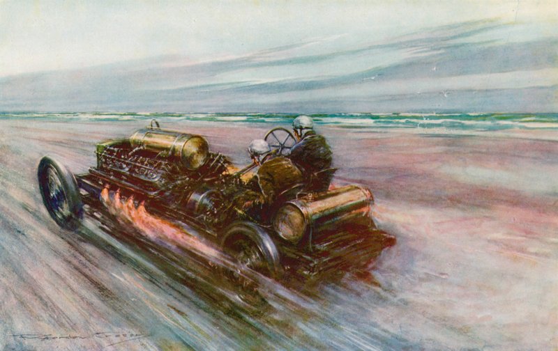 Den berömda "200" Darracq med vilken Sir Algernon Guinness, Bart, uppnådde 120 mph 1908 (färg litho) av Frederick Gordon (after) Crosby