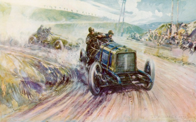 Thery med Richard-Brasier vann 1905 års Gordon Bennett-lopp för Frankrike (färg litho) av Frederick Gordon (after) Crosby