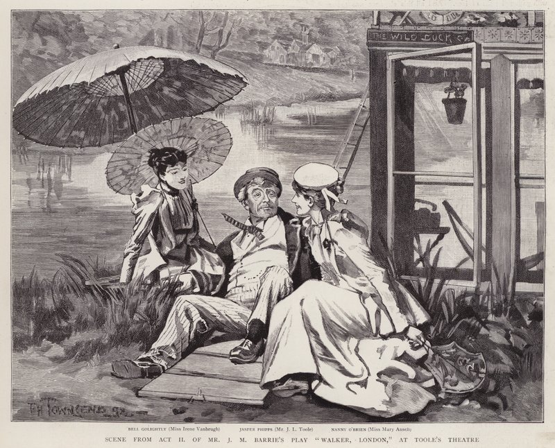 De engelska skådespelarna Irene Vanbrugh, John Lawrence Toole och Mary Ansell i en produktion av J M Barries pjäs Walker, London, på Toole