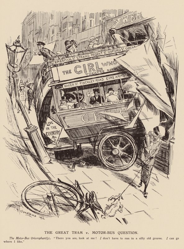 Den stora frågan om spårvagnar och motorbussar (litografi) av Frederick Henry Townsend