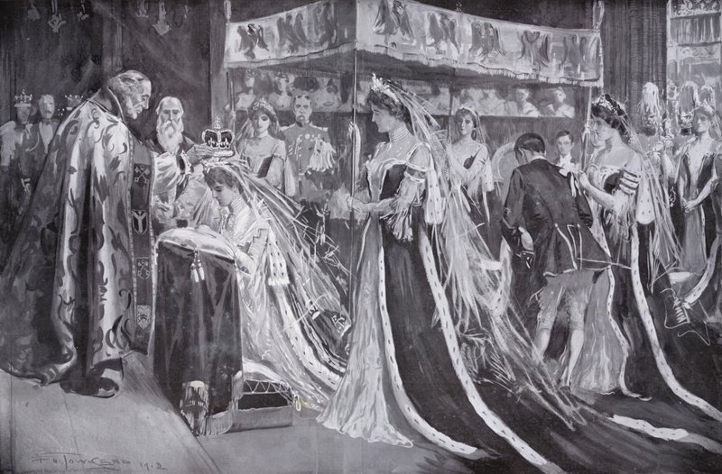 Krönandet av drottning Alexandra, konsort till kung Edward VII, av ärkebiskopen av York, Westminster Abbey, London av Frederick Henry Townsend