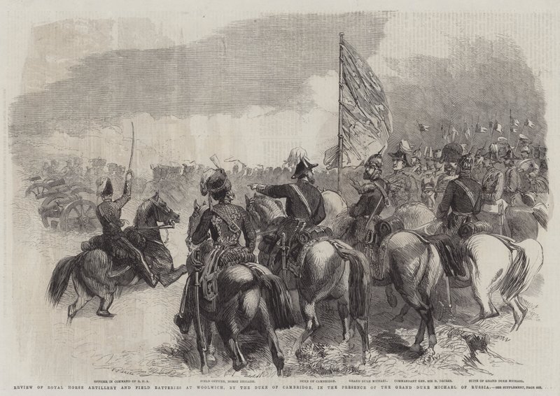 Recension av Royal Horse Artillery and Field Batteries at Woolwich, av hertigen av Cambridge, i närvaro av storhertigen Michael av Ryssland av Frederick John Skill