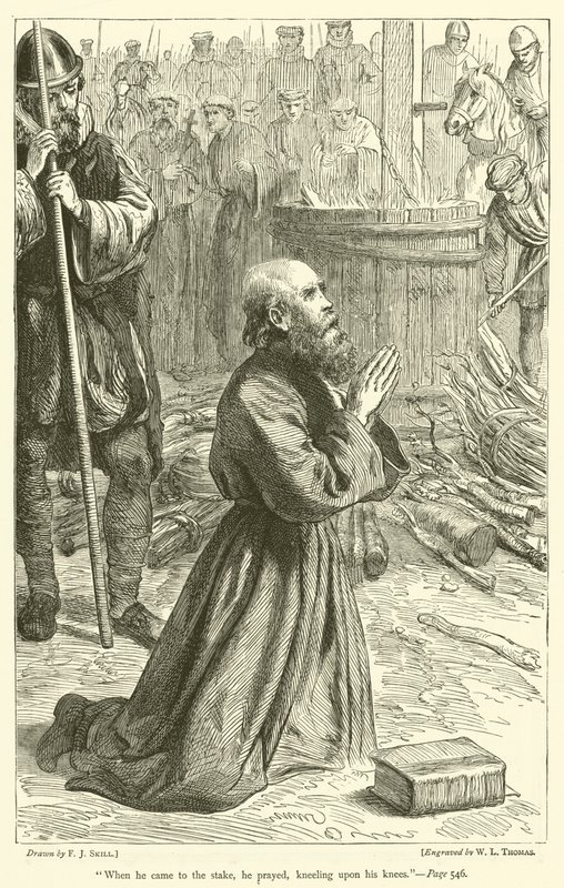 När han kom till pålen bad han och föll på knä av Frederick John Skill