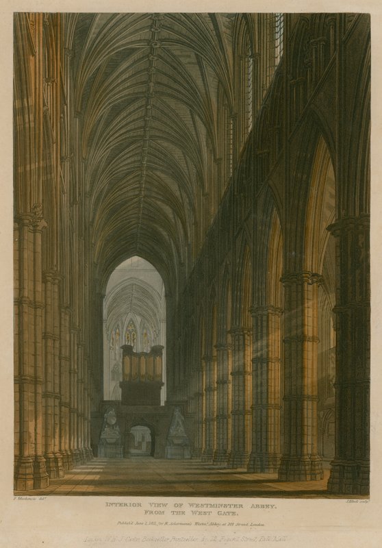 Interiörvy av Westminster Abbey, London, från West Gate av Frederick Mackenzie