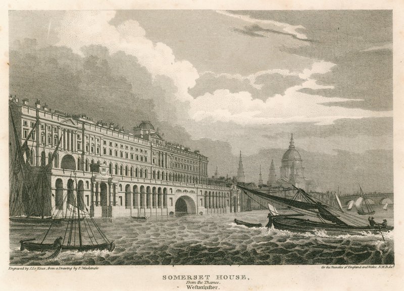 Utsikt över Somerset House, The Strand, London, från Themsen, Westminster av Frederick Mackenzie
