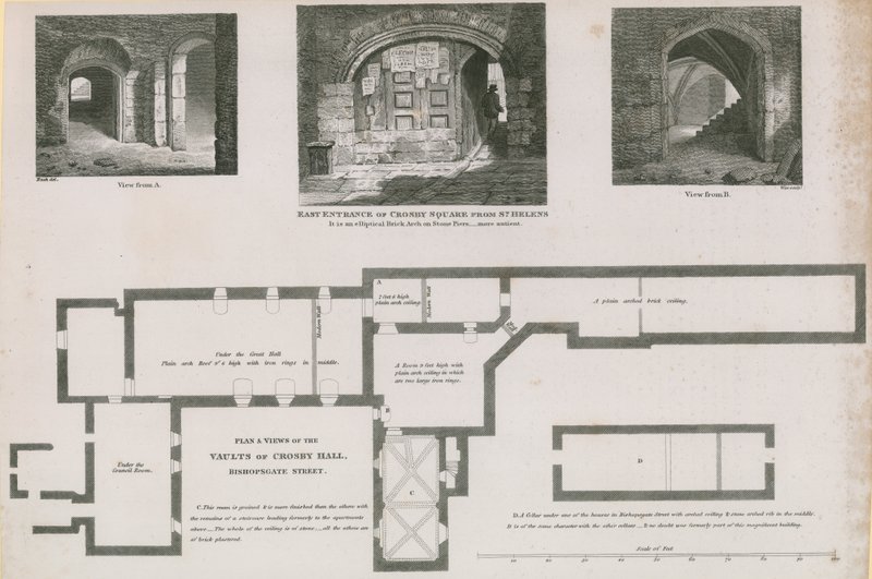 Markplan och utsikt över valven i Crosby Hall, Bishopsgate Street av Frederick Nash