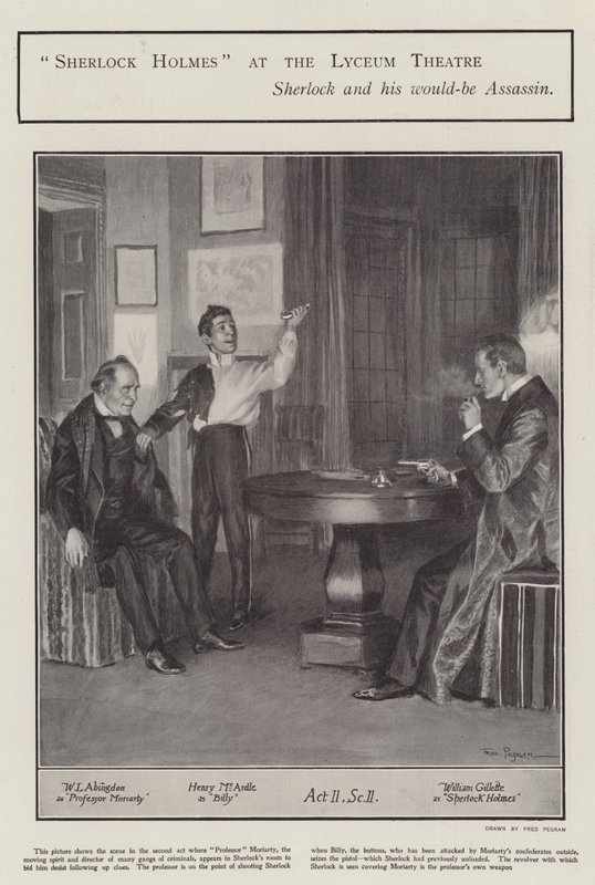 En föreställning av Sherlock Holmes på Lyceum Theatre, London (litho) av Frederick Pegram