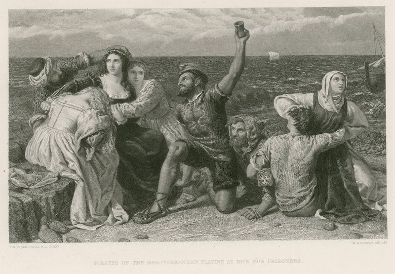 Pirates of the Mediterranean spelar på tärningar för fångar (gravyr) av Frederick Richard Pickersgill