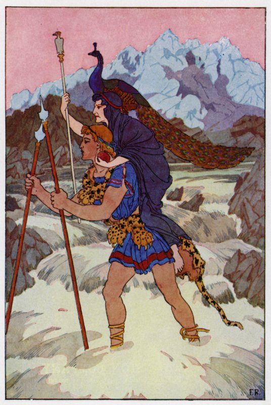 Jason lyfte upp den gamla kvinnan från marken och klev djärvt in i den rasande och skummande strömmen (färg litho) av Frederick Richardson