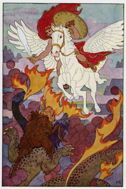 Pegasus började precis mot chimärens trefaldiga huvud (färg litho) av Frederick Richardson