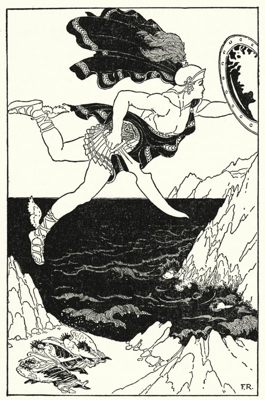 Perseus flög försiktigt nedåt och höll fortfarande ögonen på Medusas ansikte, som reflekterades i hans sköld (litho) av Frederick Richardson