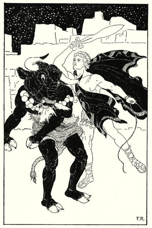 Det följde den mest fruktansvärda kampen mellan Theseus och Minotaurus som någonsin inträffat (litho) av Frederick Richardson