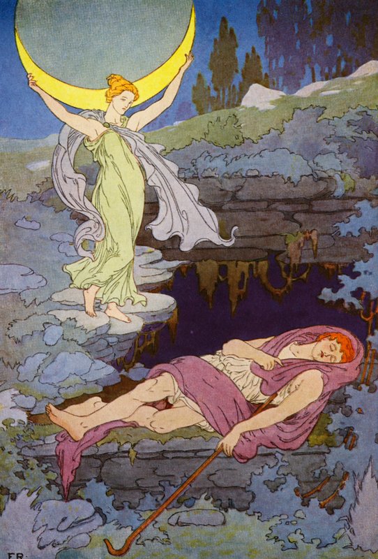 Endymion, som bara besöks av månen på natten, kommer att sova för evigt (färglitografi) av Frederick Richardson