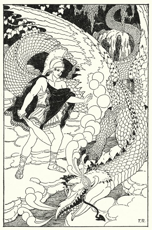 När draken fick syn på Cadmus satte han upp ett nytt avskyvärt väsande (litho) av Frederick Richardson