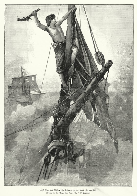 Jack Crawford spikar färgerna till masten (gravyr) av Frederick William (after) Burton