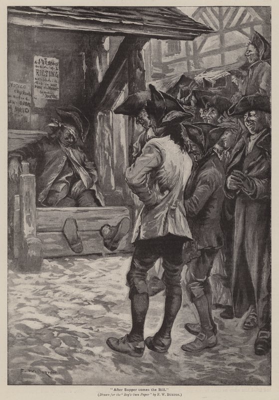 "Efter middagen kommer räkningen" (gravyr) av Frederick William Burton