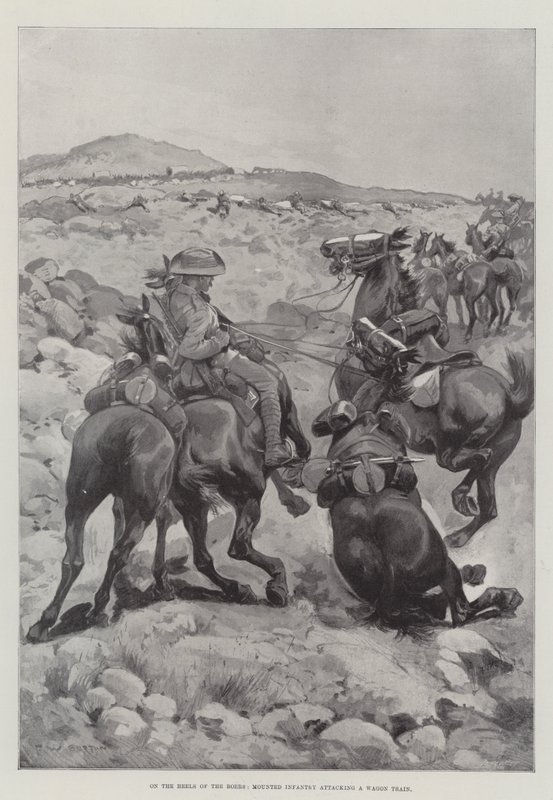 På boernas häl attackerar beridna infanteri ett vagnståg av Frederick William Burton