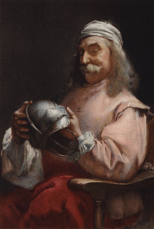 En vän i nöd, porträtt av en man som tittar på en hjälm (chromolitho) av Frederick William Davis