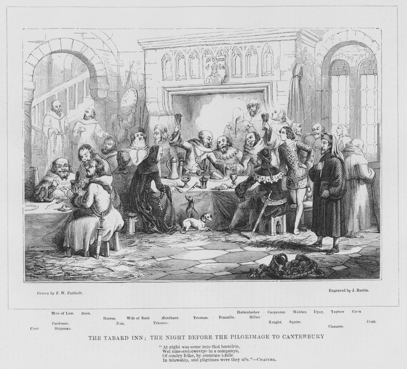 Tabard Inn, natten före pilgrimsfärden till Canterbury (gravyr) av Frederick William Fairholt