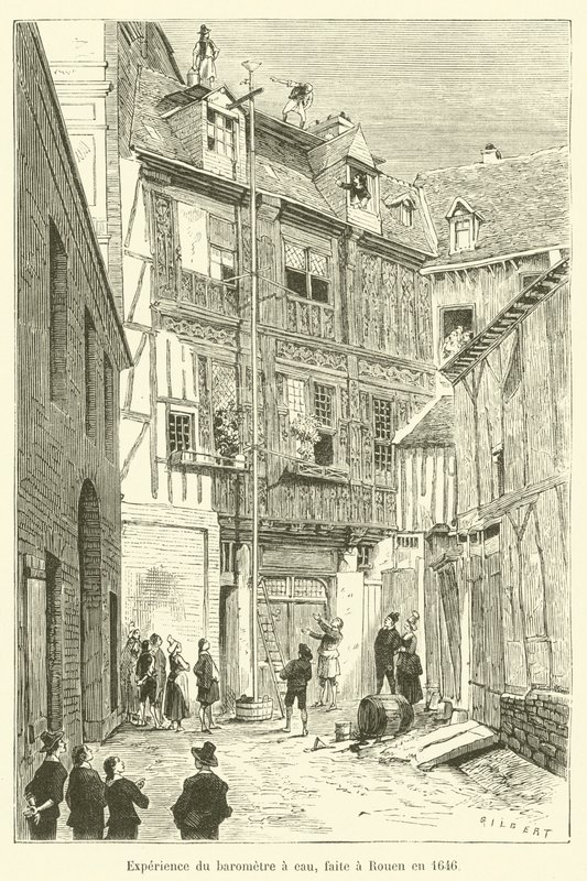 Experiment med vattenbarometern, gjord i Rouen 1646 av French School