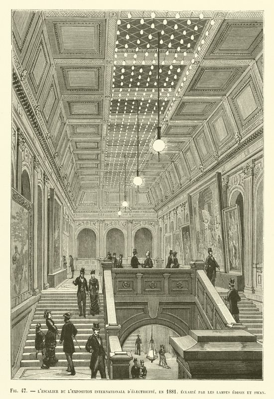 The Staircase of the International Electricity Exhibition, 1881, upplyst av Edison och Swan Lamps av French School