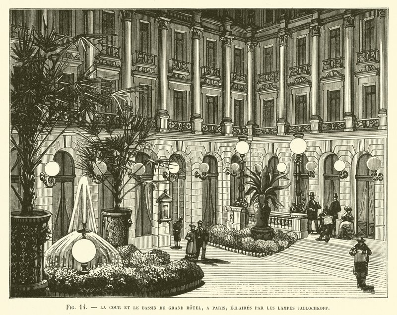 Gården och bassängen på Grand Hotel, i Paris, upplyst av Jablochkoff-lampor av French School