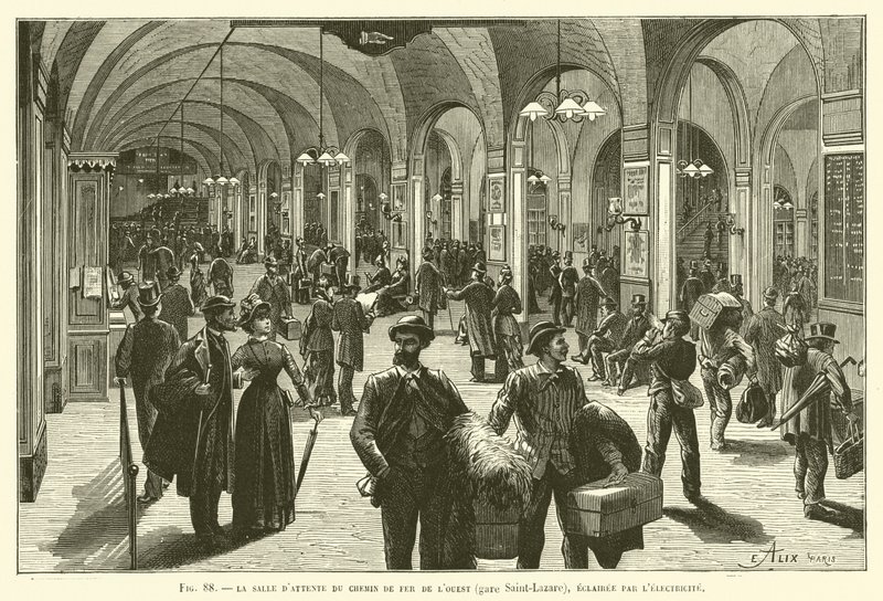 Västra järnvägens väntrum (Saint-Lazare Station), upplyst av elektricitet av French School