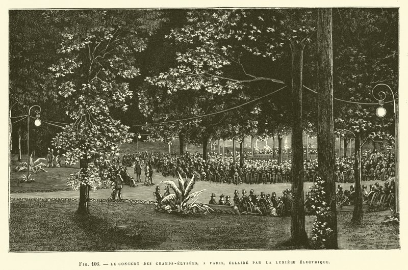 Champs-Elysees-konserten, i Paris, upplyst av elektriskt ljus av French School