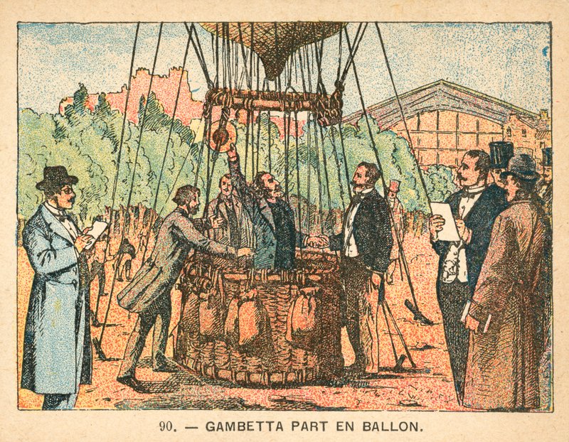 Leon Gambetta flyr belägringen av Paris i en ballong, 1870 av French School