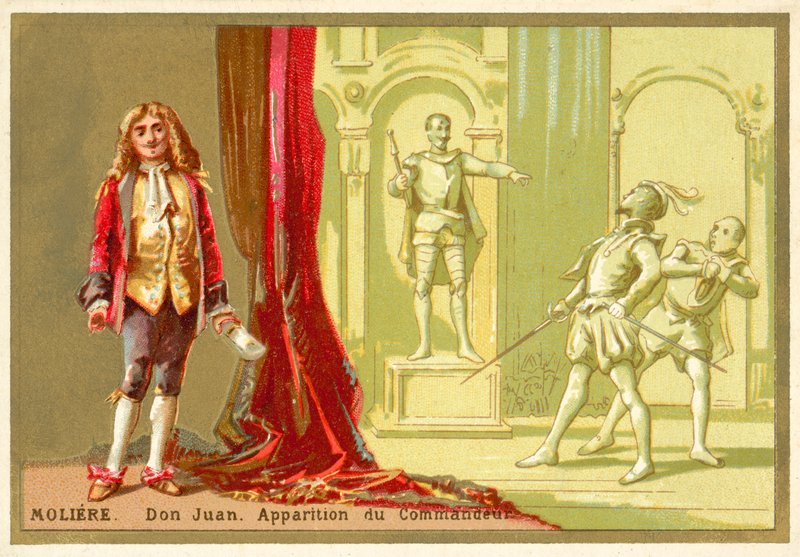 Moliere, fransk dramatiker, och en scen ur hans pjäs Don Juan av French School