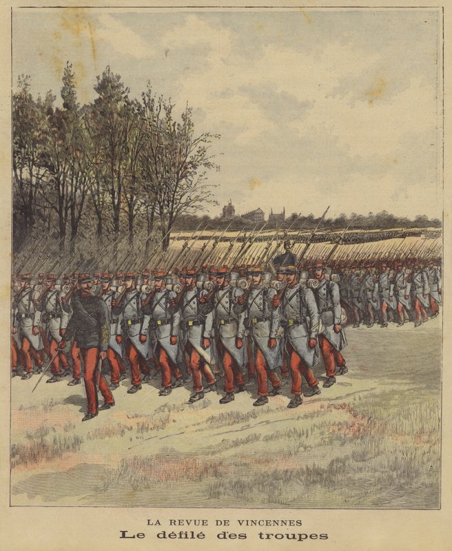 Parad av trupper vid granskningen av den franska armén i Vincennes av French School