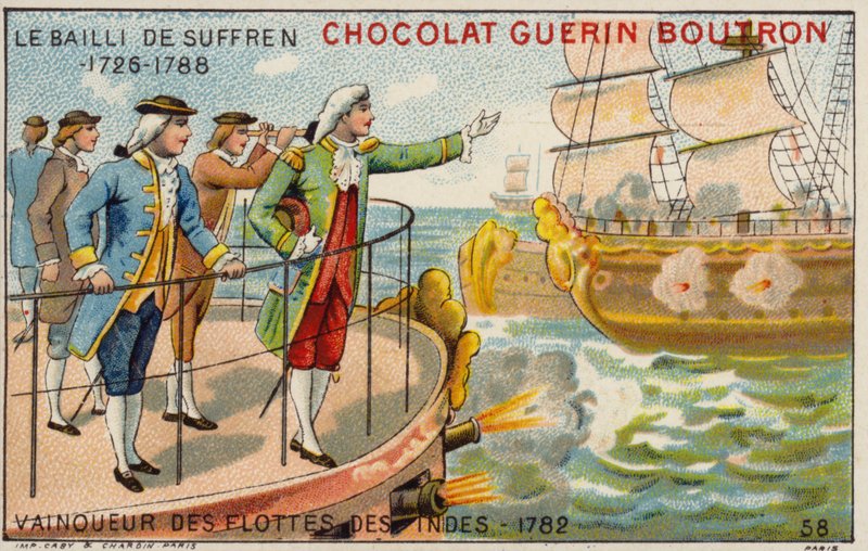 Pierre Andre de Suffren, segrare över den brittiska flottan utanför Indien, 1782 av French School