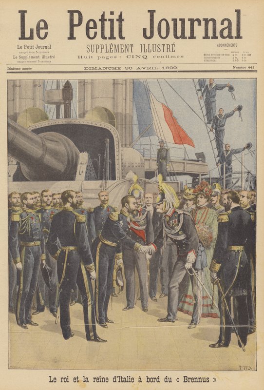 Kungen och drottningen av Italien ombord på det franska slagskeppet Brennus av French School