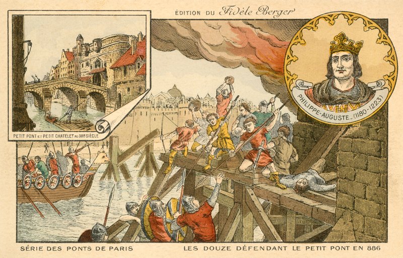 De tolv försvarar Petit Pont mot vikingarna, belägringen av Paris, 886 av French School