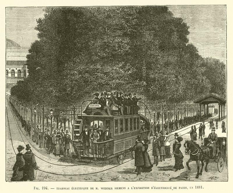 Elektrisk spårväg av M Werner Siemens på elmässan i Paris 1881 av French School