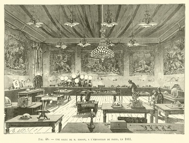 Ett rum av M Edison, på Parisutställningen, 1881 av French School