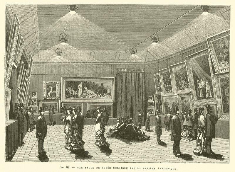 Ett museumsrum upplyst av elektriskt ljus av French School