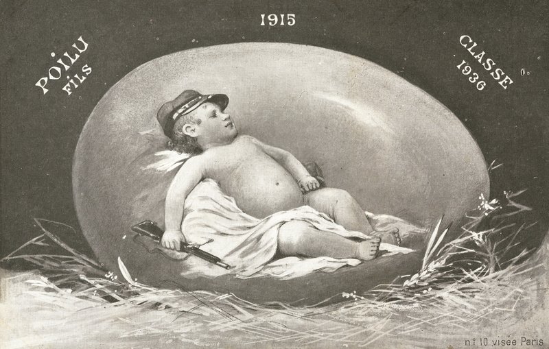 1915, påskkort som visar redan beväpnad babysoldat i ägg av French Photographer