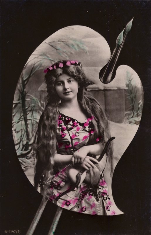 En ung kvinna som håller en pil och båge avbildad på en konstnärspalett (tonat fotokollage) av French Photographer