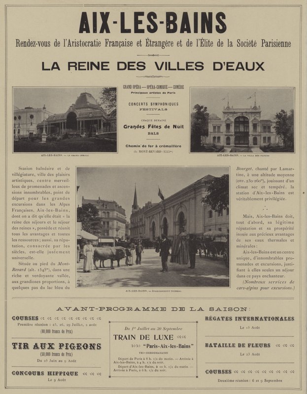 Aix-les-Bains, mötesplats för aristokratin i Frankrike och utomlands och eliten i det parisiska samhället (s/v foto) av French Photographer