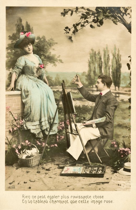 Konstnär som målar söt flicka med rosor av French Photographer