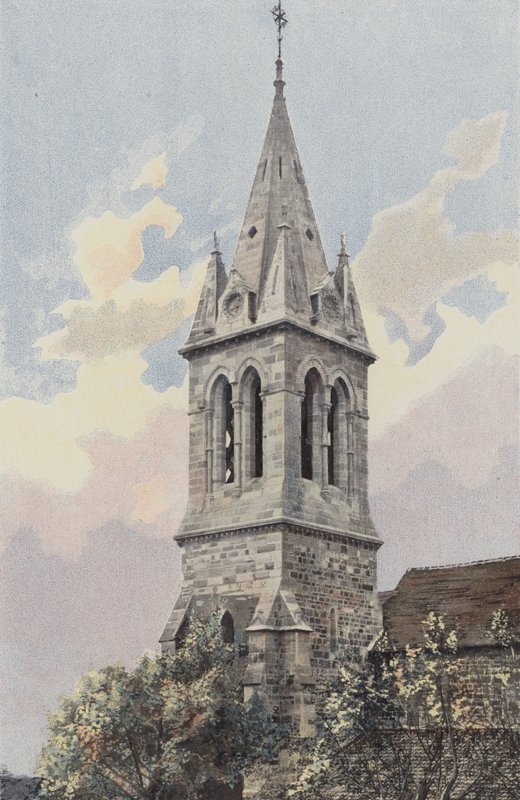 Bourbonne-les-Bains, kyrka, klocktorn och spira av French Photographer