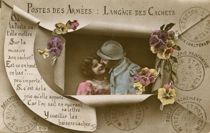 Kort som förklarar användningen av vykort för de med män i armén av French Photographer