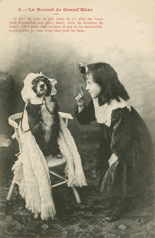 Barn som klär sin hund i en huva (s/v foto) av French Photographer