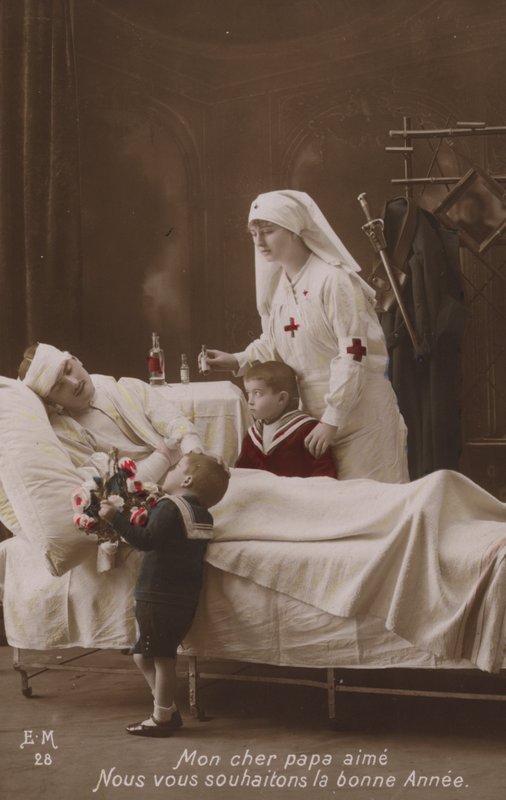 Barn som önskar ett gott nytt år till sin skadade far, WW1 av French Photographer
